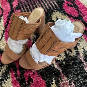 Vince Camuto tan leather Huarache mules. Size 11.  
4 inch heel/Gently preloved.